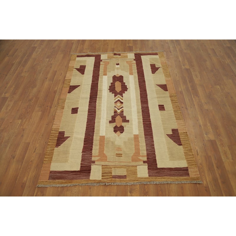 Hand Woven Oriental 100% Wool Carpet Southwestern Tribal Beige & Ivories Kilim Area Rug - 5' 7'' X 3' 11''