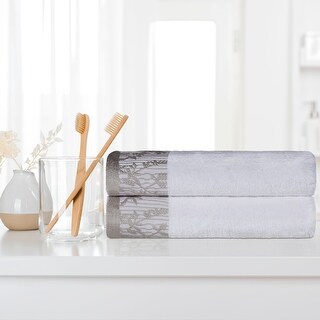 Cotton Medium Weight Floral Border Bath Towel by Superior - (Set of 2)