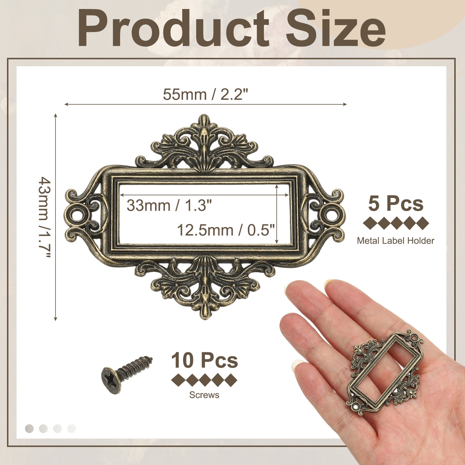 Metal Label Holder, Small Vintage Card Frame Tag Floral Lace Label Holder with Screws for File Boxes Drawers Door Cabinet
