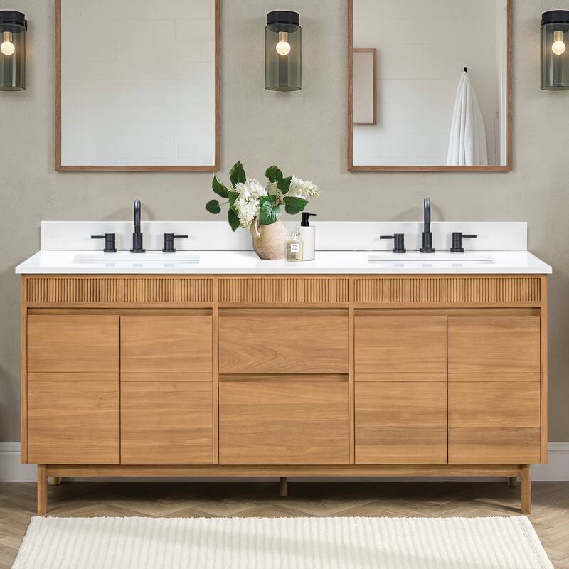 Avanity Kayla Bathroom Vanity in Natural Teak with White Engineered Stone Top - 73" Double Sink