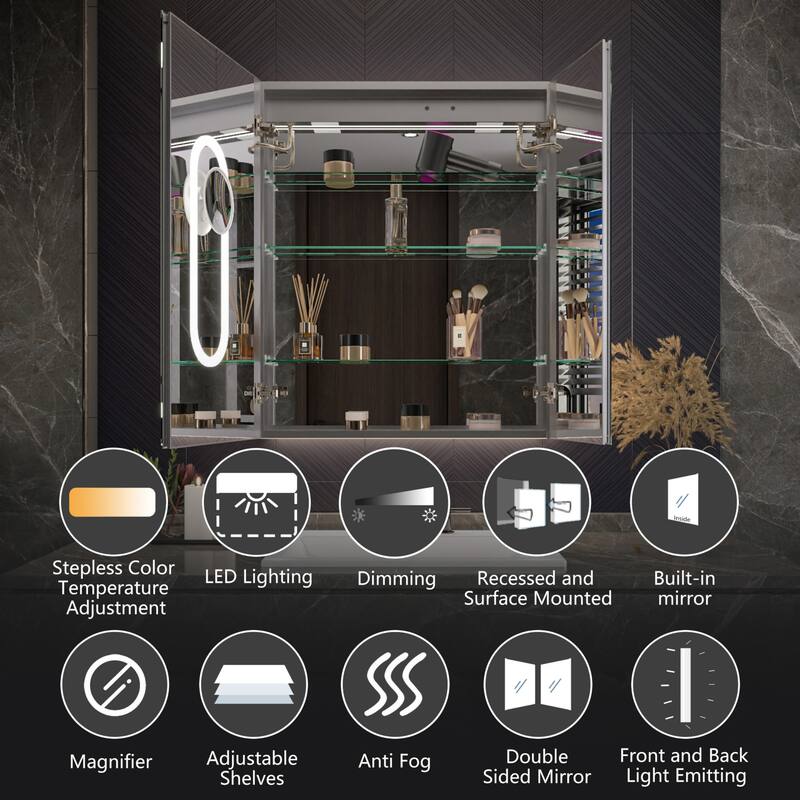 Modland 24"-42W x 36"H LED Medicine Cabinet Mirror with USB Charging,10x Magnifying Mirror