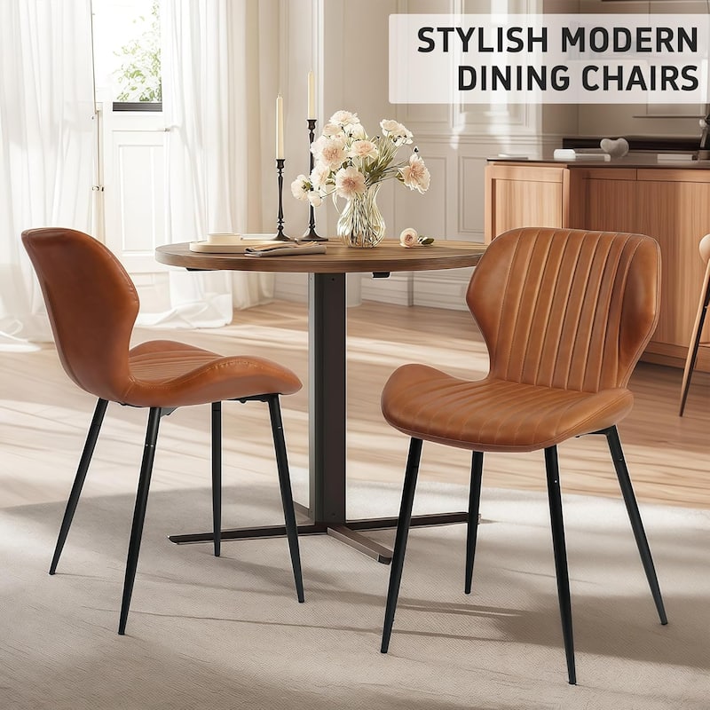 Mid Century Modern Upholstered PU-Dining Chairs with Metal Legs, , Set of 2, Brown