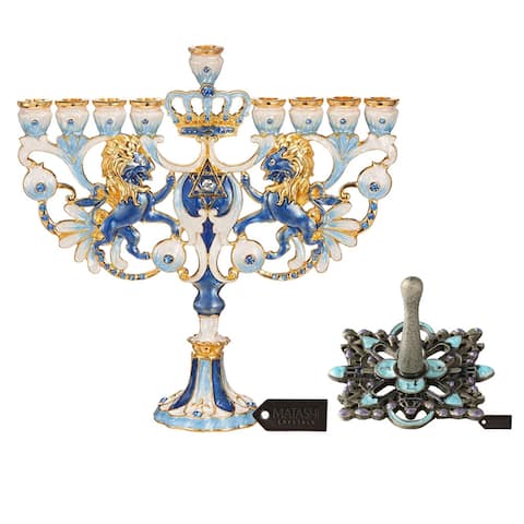 Matashi Hand-Painted Spinning Dreidel Holiday Ornament & Blue-Ivory Regal Lion Menorah Candelabra w/ Crystals Hanukkah Gift