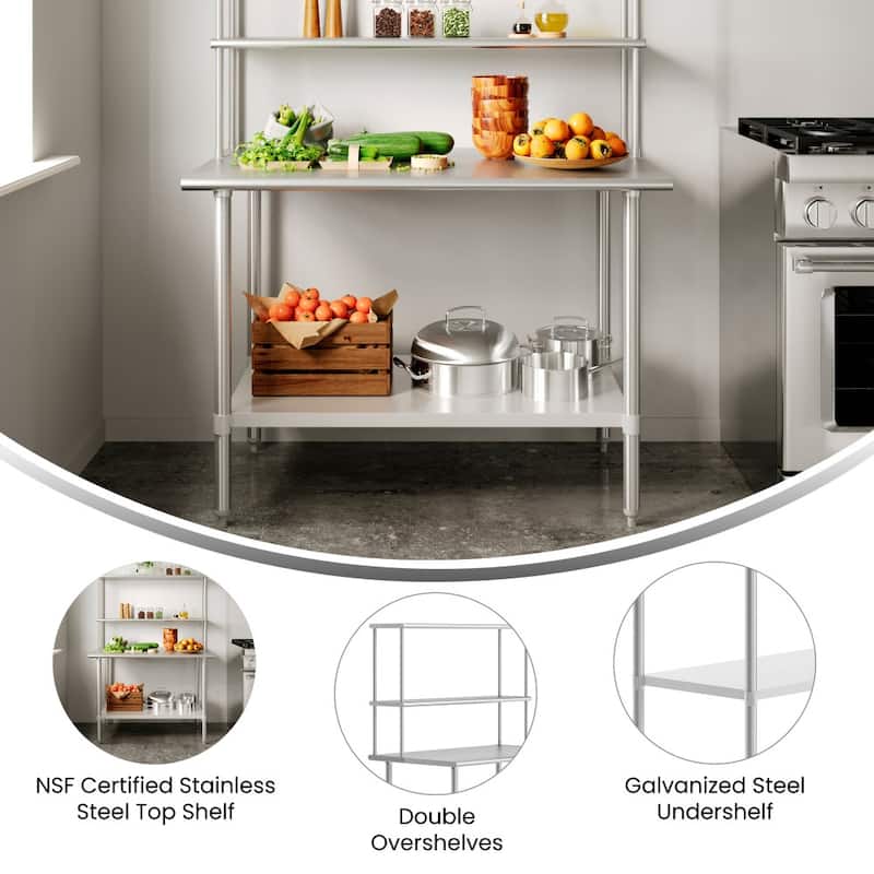 Commercial Stainless Steel Worktable with 2 Overshelves and 1 Undershef