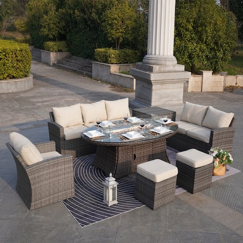 7 piece Patio Gray Sofa with Brown Fire Pits Table