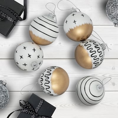 Abstract Glass Ball Christmas Ornaments - 3" (80mm) - White and Black - 6ct