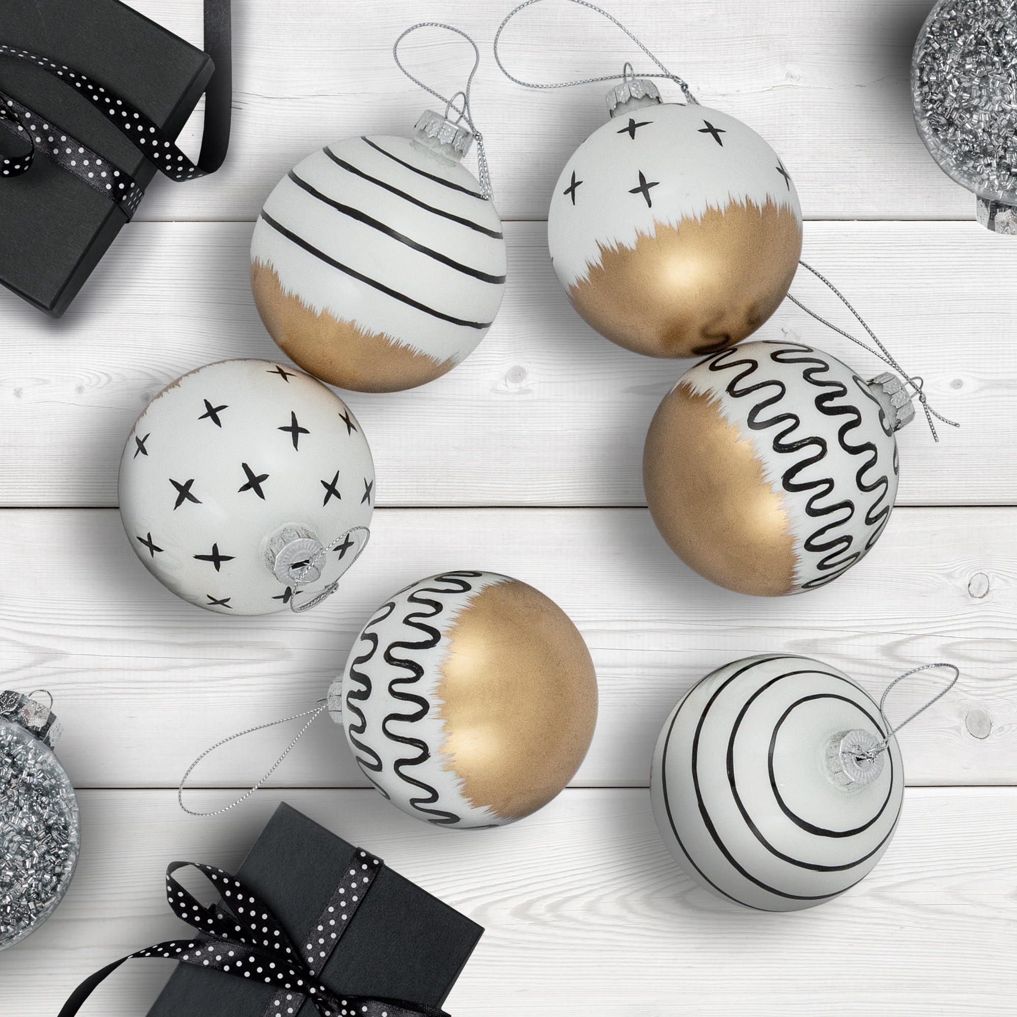 Abstract Glass Ball Christmas Ornaments 3" (80Mm) White And Black 6Ct