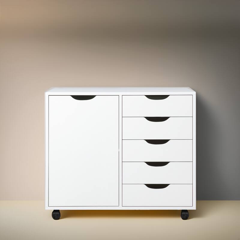 Wooden 5-Drawer Office Storage Cabinet with Extra Shelf and 360° Mobility for Effortless Organization