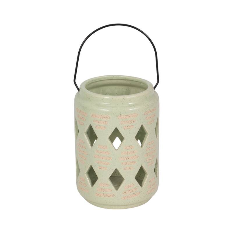 Sagebrook Home Ceramic Diamond Cut Out Lantern - Diamond Green - 5" x 5" x 6"