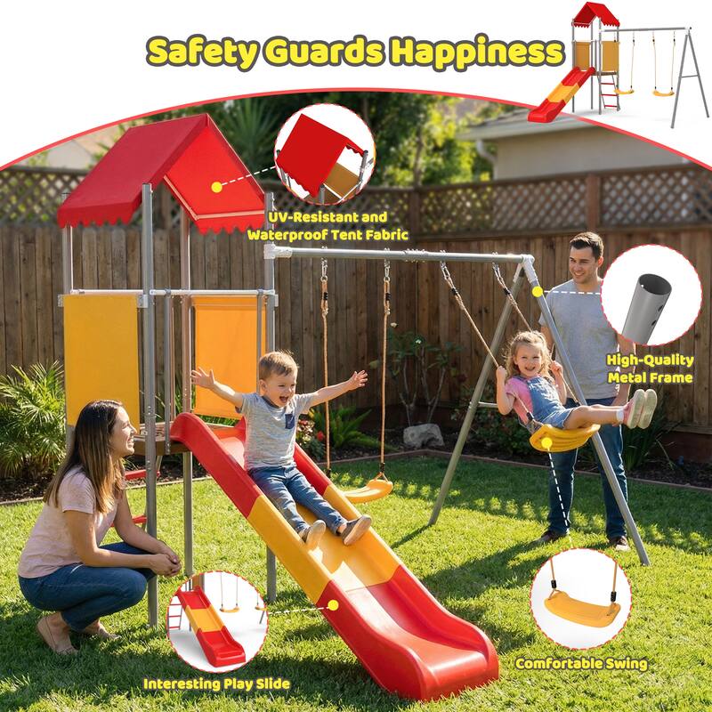 Metal and Plastic Treehouse Swing Set with Slide, Belt Swings, and Canopy Safe, Sturdy, and Portable for Kids Ages 3-8