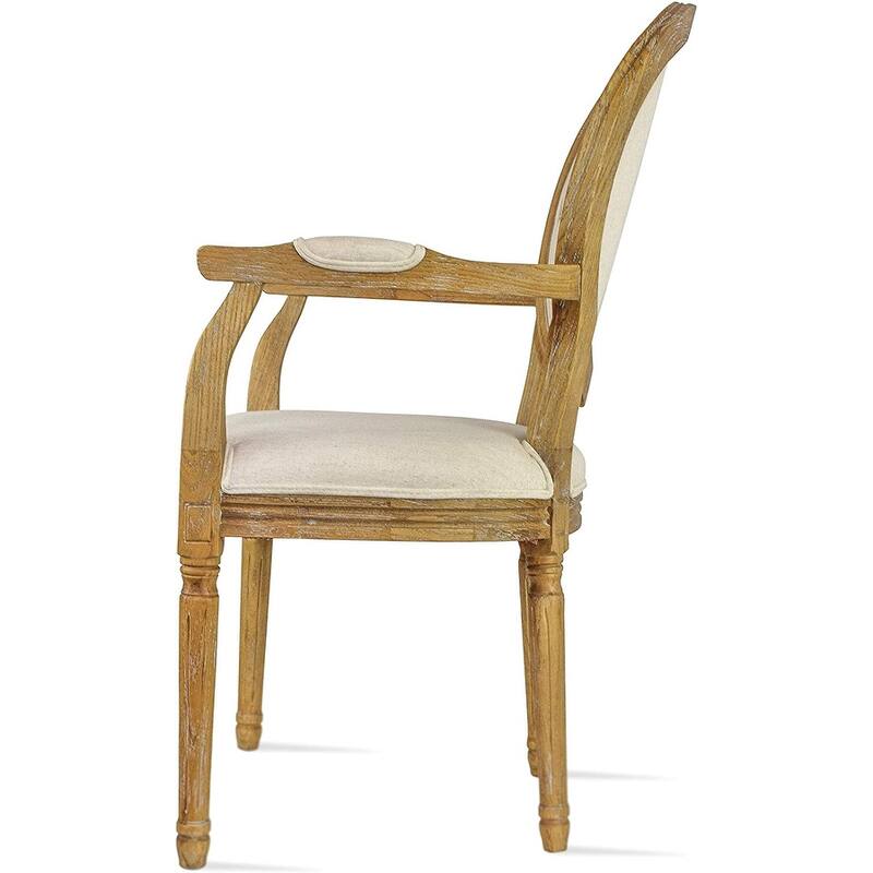 Set of 2 Cream Color Upholstered Button Tufted Back Fabric Dining Modern Arm Chair With Padded Seat Solid Wood Legs