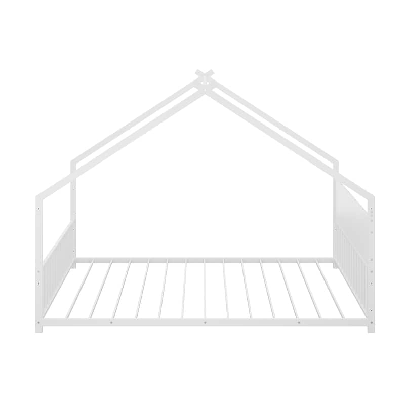 Full Size Canopy House Bed with LED Lights, Sturdy Metal Frame & Slats for Kids & Teens, No Box Spring Needed (White)