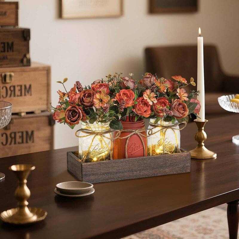 3 Pack Mason Jar Centerpiece with LED Lights & Wooden Tray, Farmhouse Floral Centerpieces for Dining Table, Coffee Table