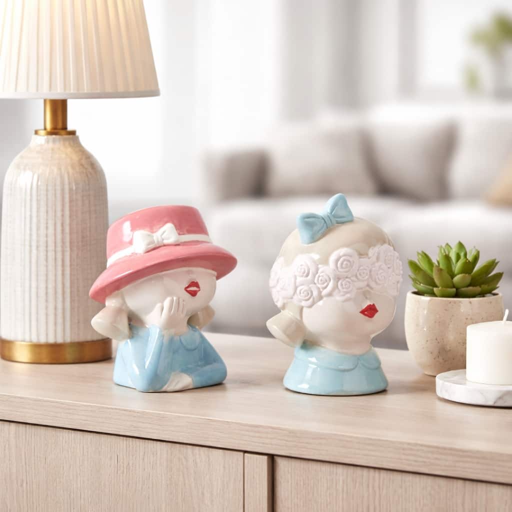 Decorative Ceramic Girl Bust Figurines - Set of 2, 6", 5", Blue & Pink - 6.0"