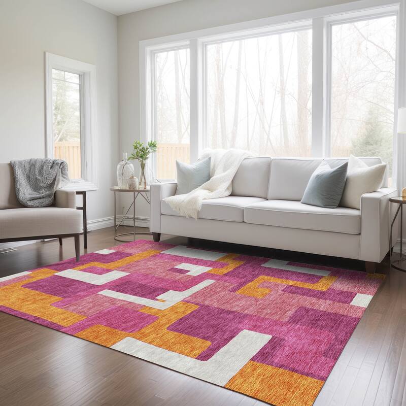 Machine Washable Indoor/ Outdoor Contempoary Blocks Chantille Rug