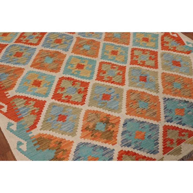 Trellis Geometric Kilim Area Rug Flatweave Wool Carpet - 5'1"x 6'5"
