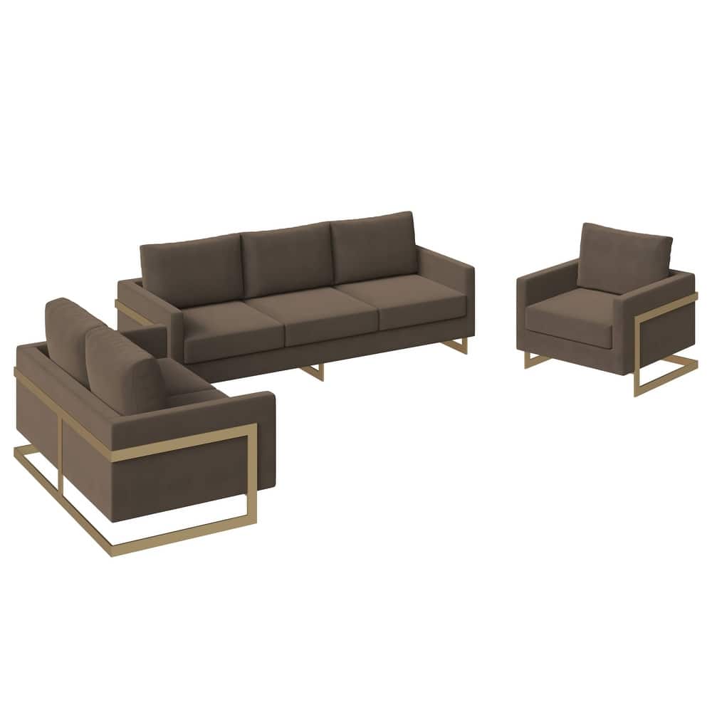 Lincoln Modern Leather 3-piece Sofa Set Accent Armchair in Gold Steel Base with Removable Cushion for Living Room or Office