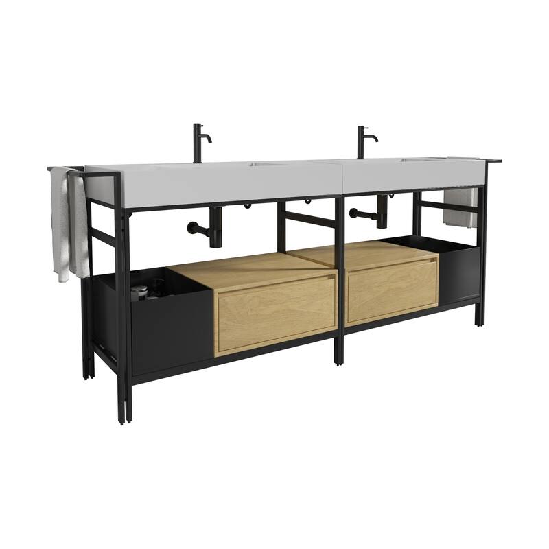 GDFStudio - Forte Industrial Metal Frame Bathroom Vanity with Artificial Stone Basin, Towel Rack & Open Storage