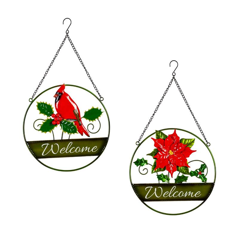 12" Hanging Christmas Metal Sign, Cardinal & Poinsettia
