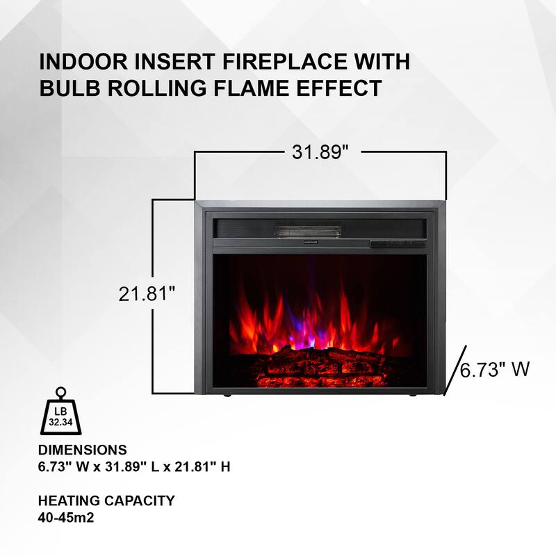 XBrand Insert Fireplace Heater w/Remote Control and LED Flame Effect, 32 Inch Long, Black