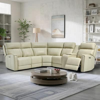 104" W Genuine Leather Power Recliner Sectional Sofa with Zero Gravity, Ajustable Headrest, USB Ports & Console