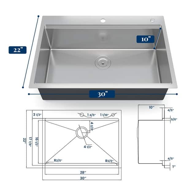 Kitchen Sink, 30 Inch Brushed Nickel Topmount Kitchen Bar Sink with Single-tier Track - 30x22x10in