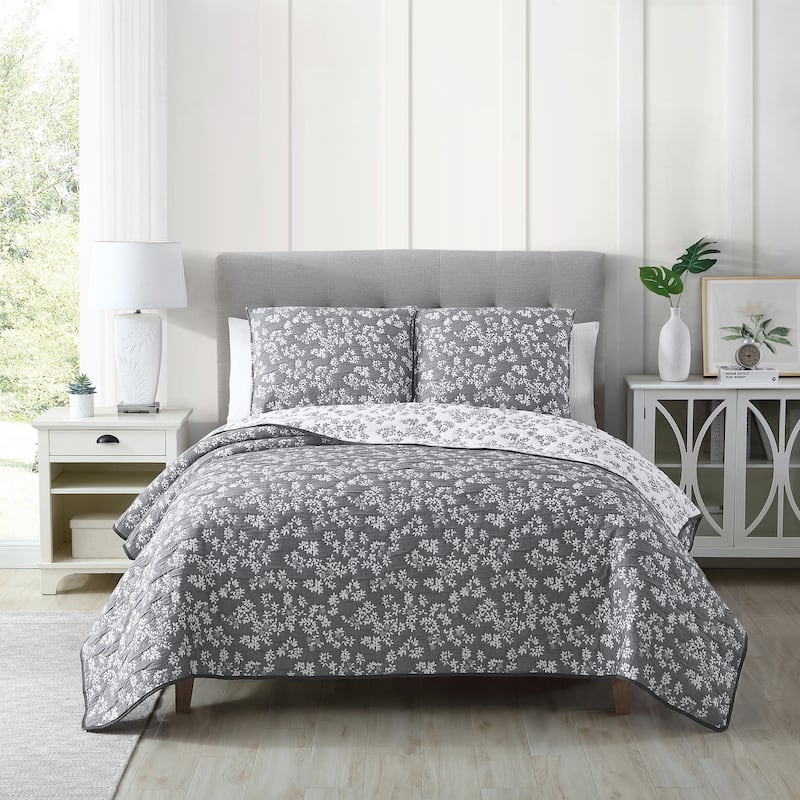 Annabella Floral Dark Grey All-Season Soft Woven Matelasse Jacquard Reversible Cotton Blend Quilt Set - Queen