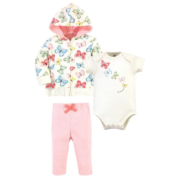 slide 1 of 1, Touched by Nature Baby and Toddler Girl Organic Cotton Hoodie, Bodysuit or Tee Top, and Pant, Butterflies 12-18 Months - Butterflies