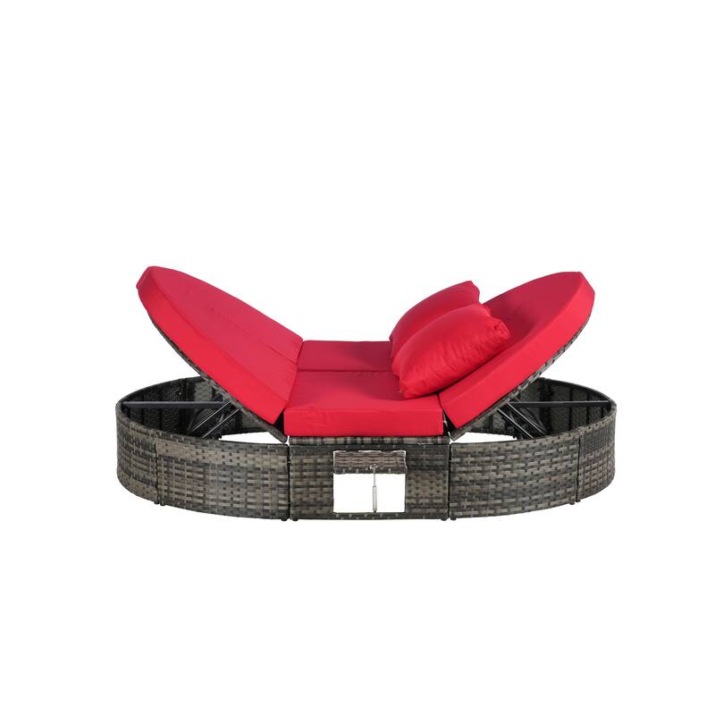Outdoor Patio Rattan Round Daybed Sunbed with Adjustable Backrests and Foldable Cup Trays