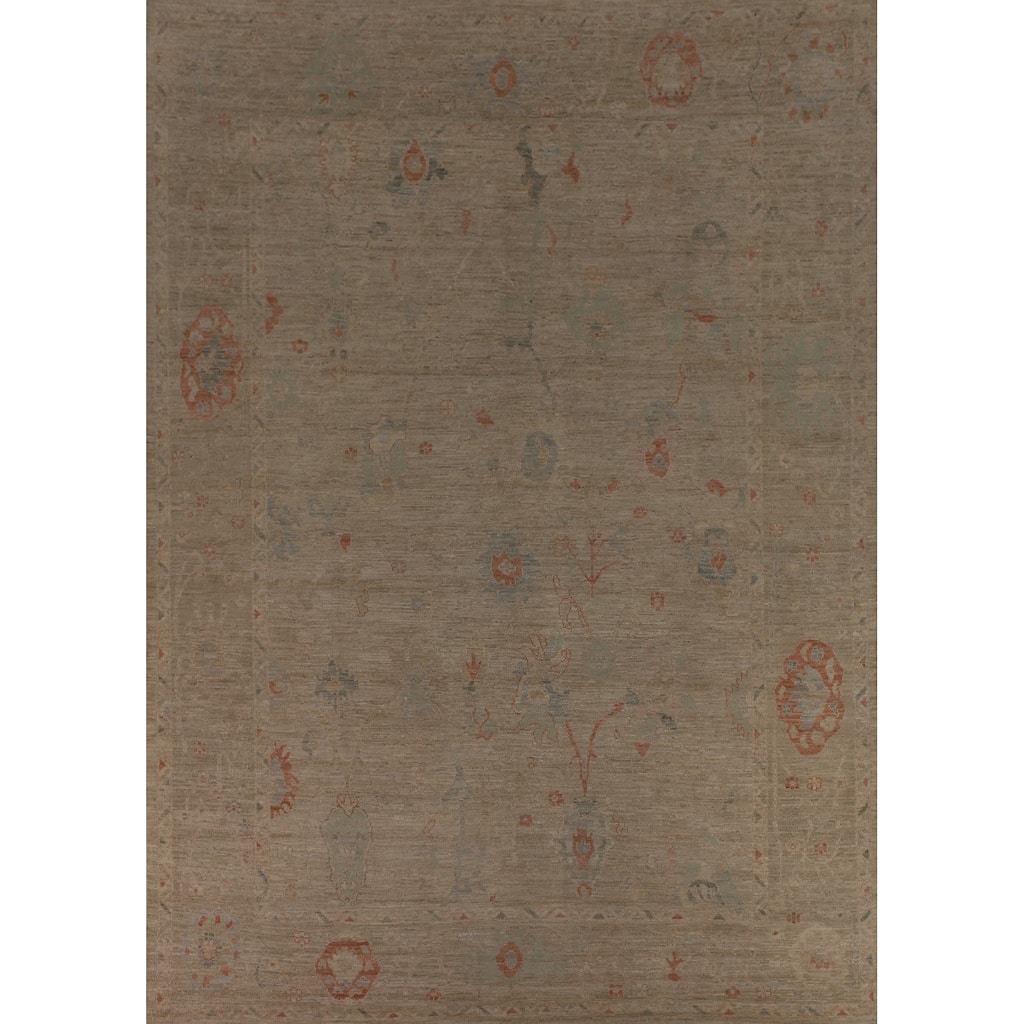 Vegetable Dye Beige Oushak Turkish Rug Hand-Knotted Wool Carpet - 9'2"x 12'3"