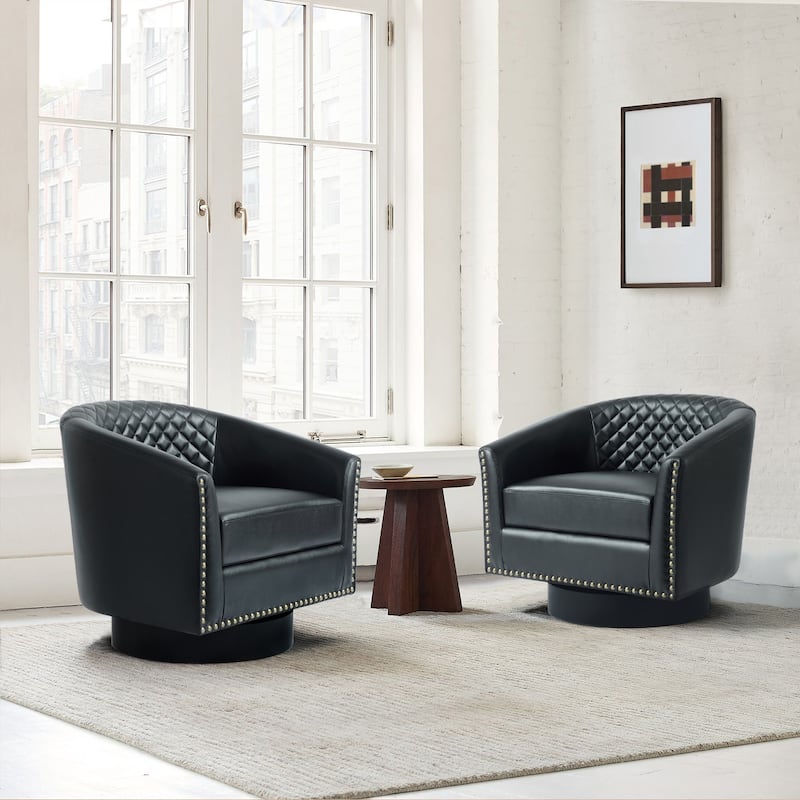 Faux Leather Nailheads Swivel Barrel Chair Set of 2 - Black