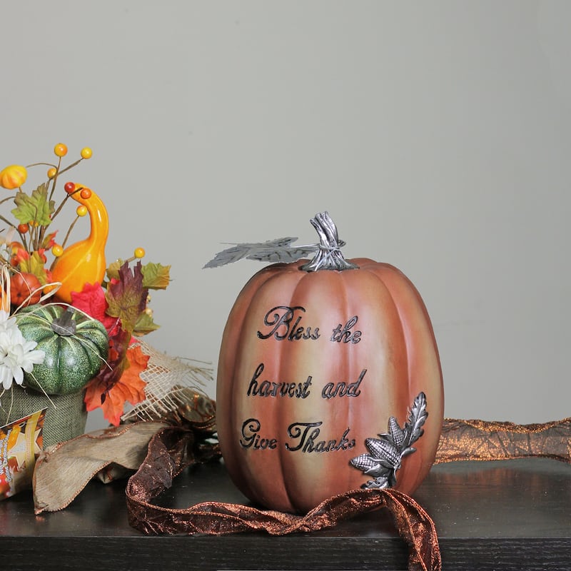 Autumn "Bless the Harvest and Give Thanks" Pumpkin Decoration - 10" - Orange
