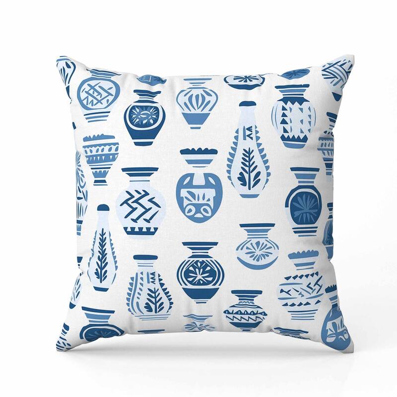Mystical Pottery Indoor/Outdoor Reversible Throw Pillow White and Blue