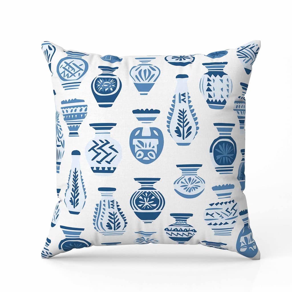 Mystical Pottery Indoor/Outdoor Reversible Throw Pillow White and Blue
