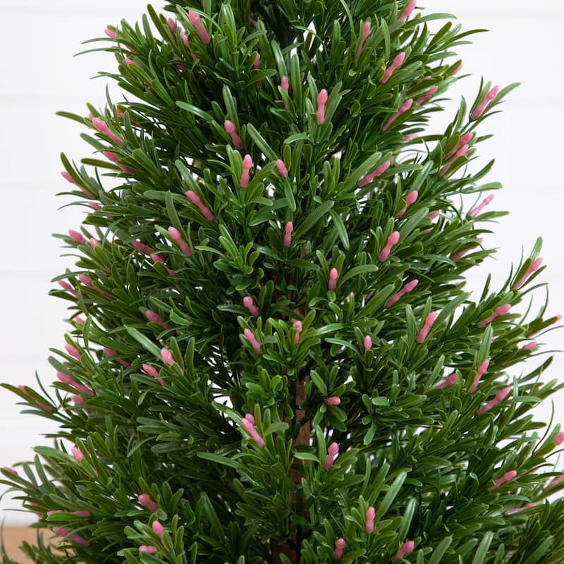 Rosemary Cone Artificial Potted Topiary Tree - 3' - Green and Pink