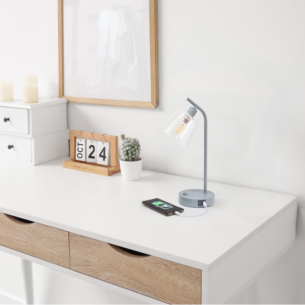 Curved Arm Desk Lamp with Glass Shade - 15.75" - Gray