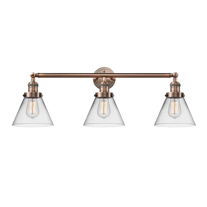 Innovations Lighting Large Cone 3 Light 32" Wide Bathroom Vanity Light - Antique Copper / Clear