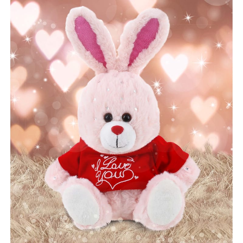 DolliBu I LOVE YOU Rose Gold Bunny Plush Animal with Red Shirt - 8 inches