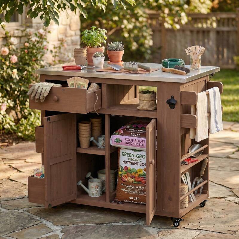Outdoor Solid Wood Extendable Kitchen Island with Stainless Steel Top, Side Spice Rack, Drawers & Storage Cabinet