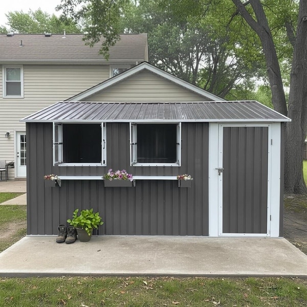 Metal Storage Shed, 12' x 10', 3 Clear Windows, Lockable Single