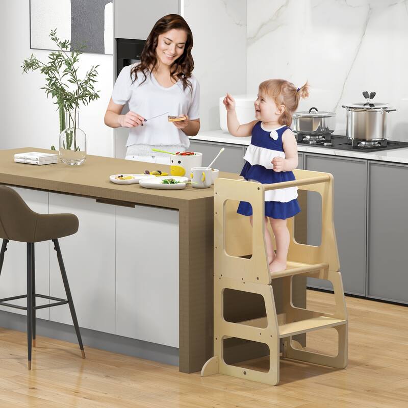3-in-1 Wooden Foldable Toddler Standing Tower Step Stool with Chalkboard Table Set - 27" x 15.5" x 36"