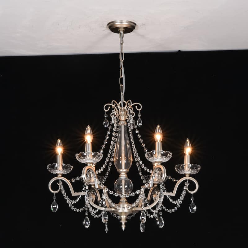 25.2" W Modern Luxury Crystal Beaded 6-Light Chandelier with Vintage Silver Finish and Candle Arms