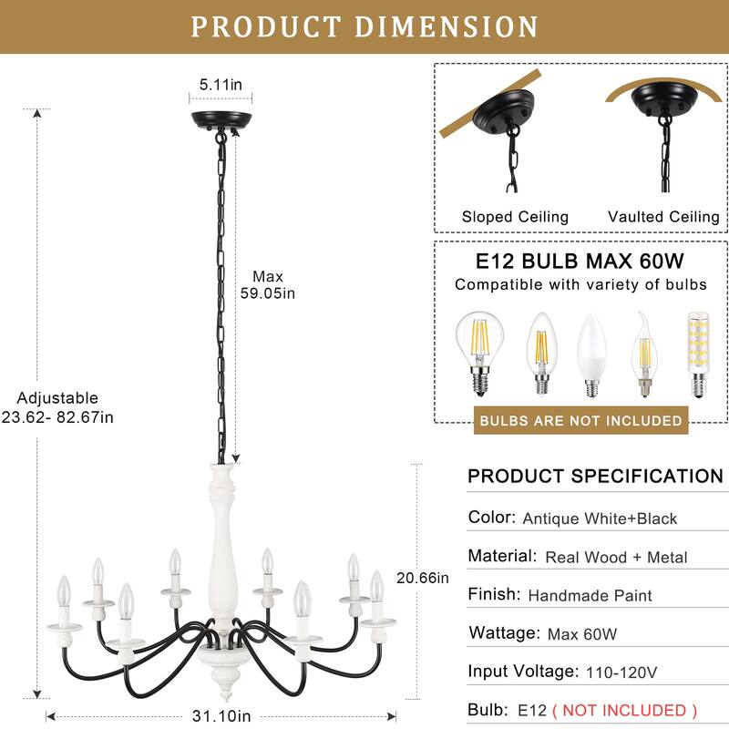 Modern Farmhouse Chandelier, 8-Light Candle Chandelier for Living Room Kitchen Island Dining Foyer - W31.1"x H20.66"