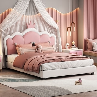 Cute Girl Princess Bed with Crown Headboard, PU Upholstered Platform Bed, Wood Panel Bed Low Profile Bed