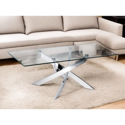HomeRoots 47" Clear and Silver Glass And Steel Cross Legs Coffee Table