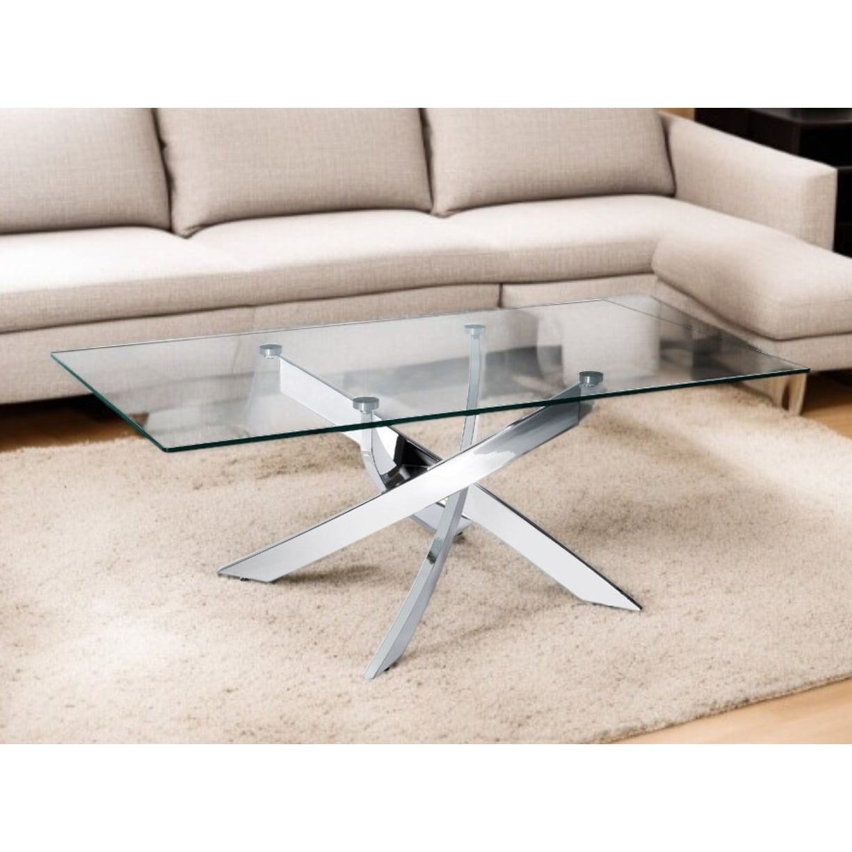 HomeRoots 47" Clear and Silver Glass And Steel Cross Legs Coffee Table