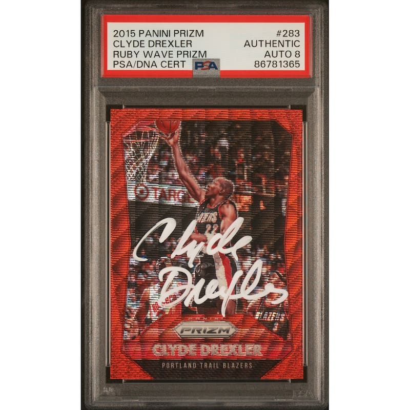 Clyde Drexler 2015 Panini Prizm Ruby Wave Red Card #283 Auto PSA 8 143/350 - 8'6" x 11'6"