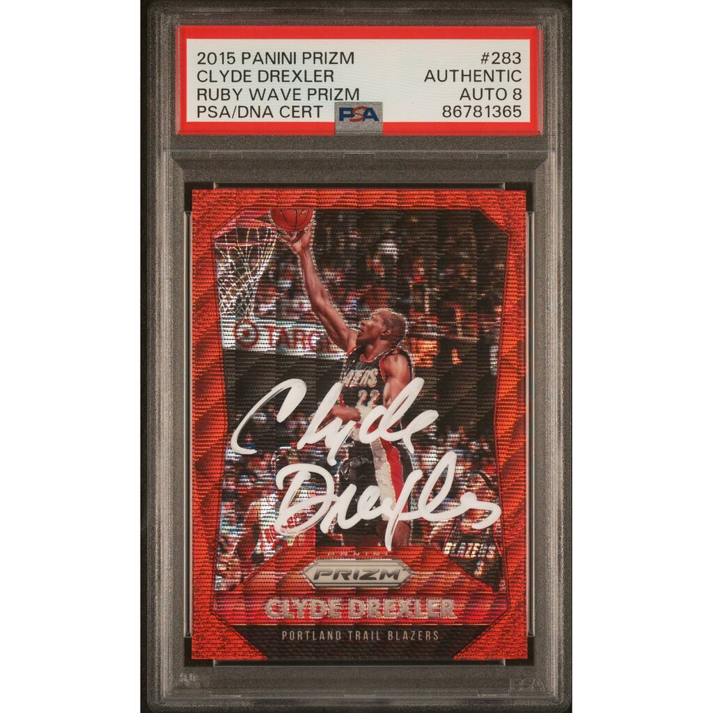 Clyde Drexler 2015 Panini Prizm Ruby Wave Red Card #283 Auto PSA 8 143/350 - 8'6" x 11'6"