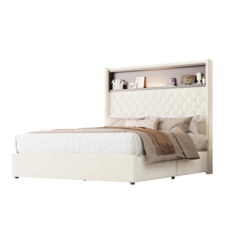 Velvet Tufted Wingback Bed Frame with Rivet Decoration Headboard Built-in Shelf USB Port and Night Light, Soft Platform Bed