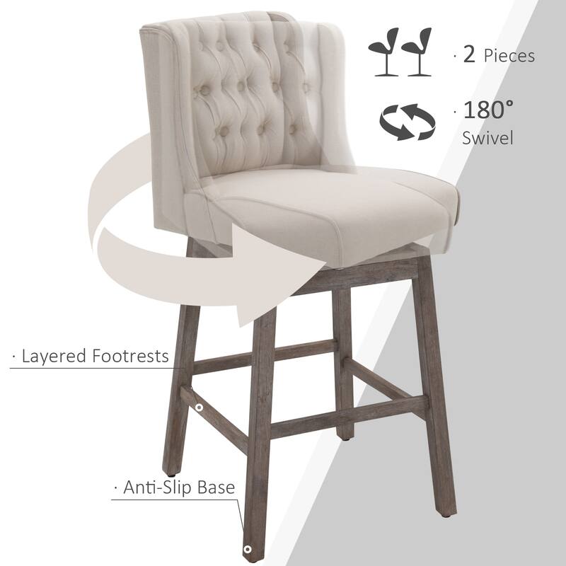 HOMCOM 2 Piece Bar Height Chair Swivel Barstool with Integrated Footrest, Solid Wood Design, and a 180 Degree Rotation, Beige